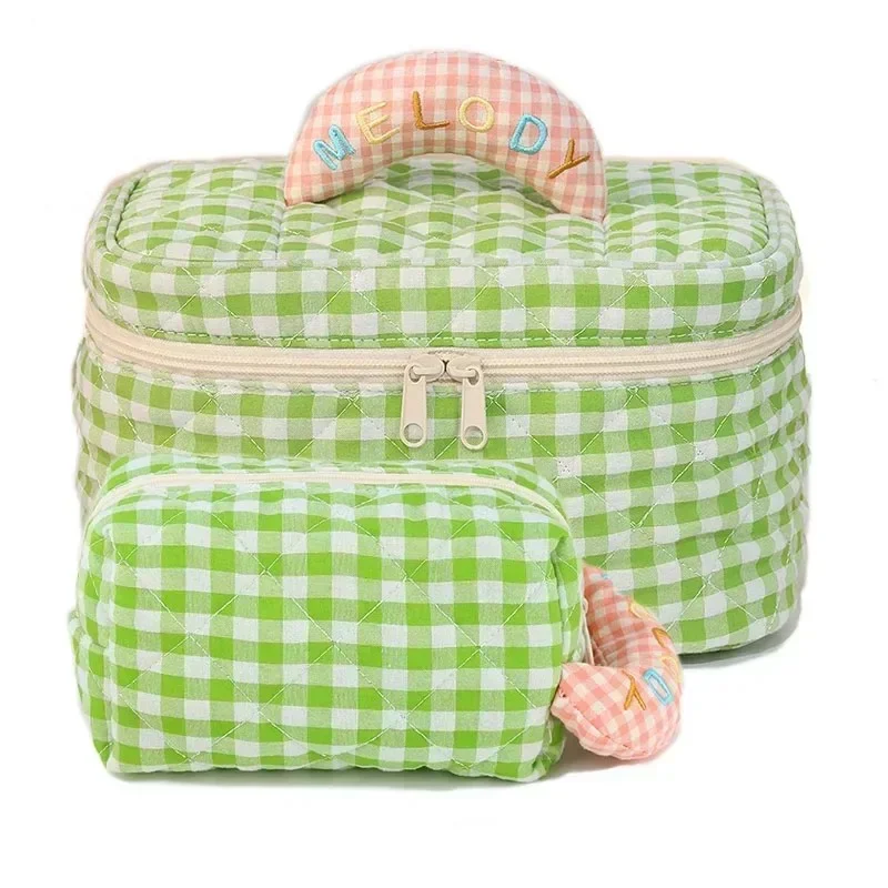 Large Capacity Quilted Grid Makeup Case Cute Soft Handle Travel Cosmetic Organizer Portable Toiletry Storage Handbag