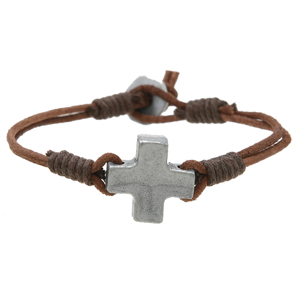 1 Piece Men Vintage Creative Hand Made Cross Leather Bracelet Personality Charm Bracelet for Men Gift