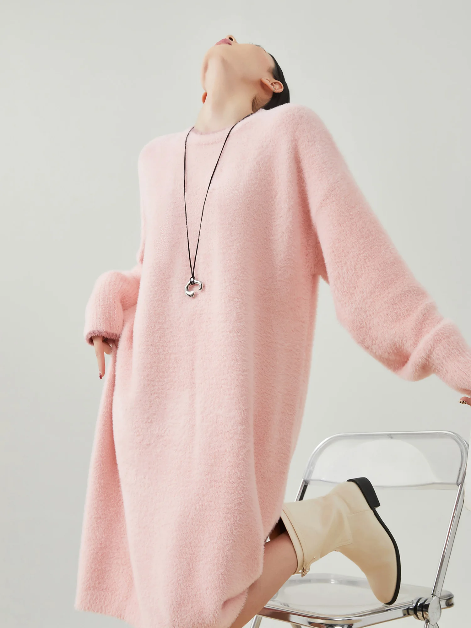 

Soft Knitted Pink Fluffy Dr Korean Sle Loose Mid-Length Sweater Dr Spring New Arrival Comfortable Polyester Fiber