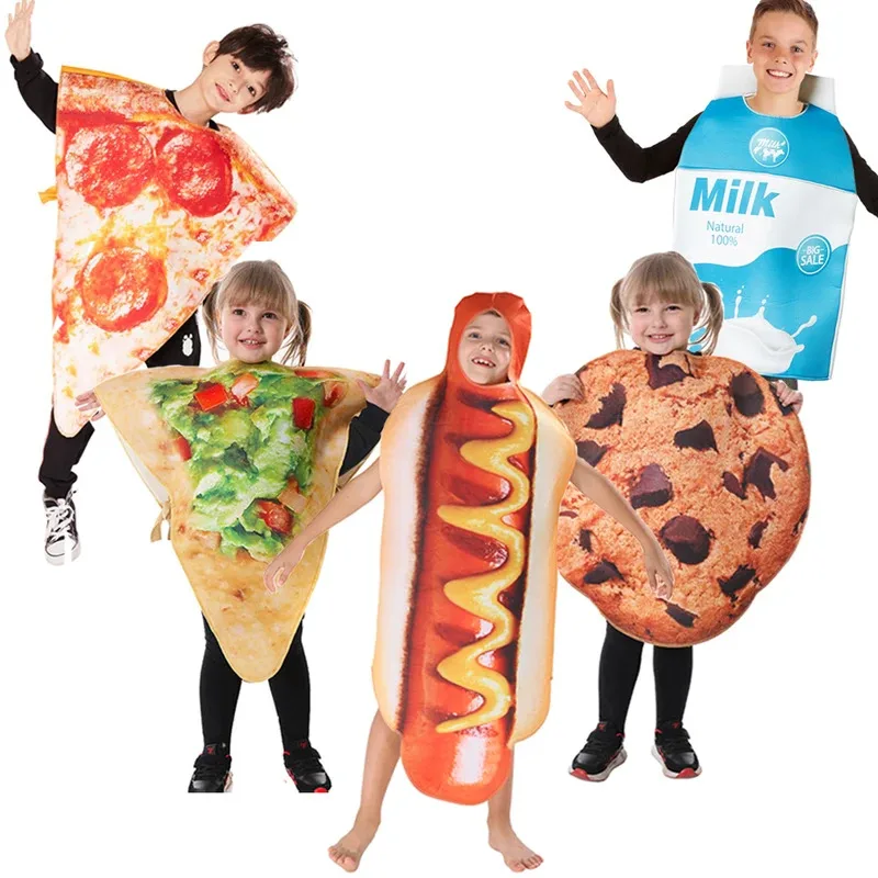 

Cool Children's Costumes Kids Food Funny Costume For Purim Carnival Boys Hot Dog Cosplay Pizza Milk And Cookies Costume