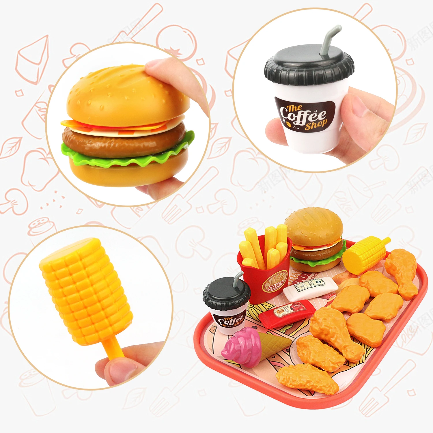 Conjunto de hambúrguer e brinquedos de fast food para crianças, jogo educativo para dramatizações, mini cozinha, jogos de casa, 40pcs