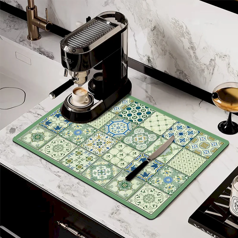 VIKAMA Retro Green Ceramic Tile Coffee Mat, Absorbent Rubber Bottom Table Mat, Anti Slip Coffee Machine Mat, Home Decoration