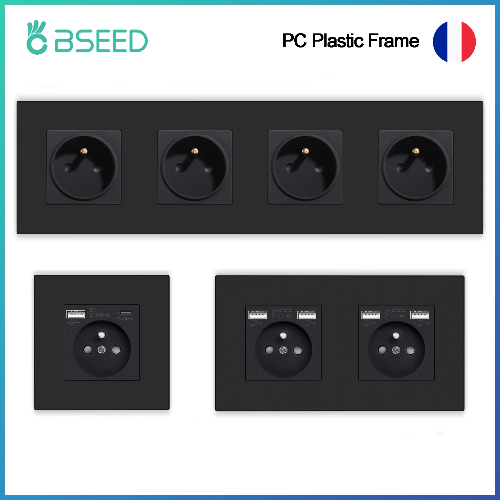 

BSEED French Wall Power Socket Dual USB Type-C Charging Interface for Phone/PC Plastic Frame French Electric Outlet 250V