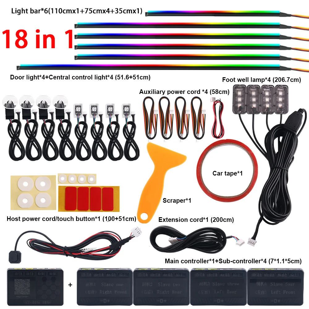 Dual Zone 18 in 1 Full Color Streamer Auto Omgevingslicht RGB 64 kleuren LED Interieur Acrylvezel Strip Decoratie Sfeerlamp