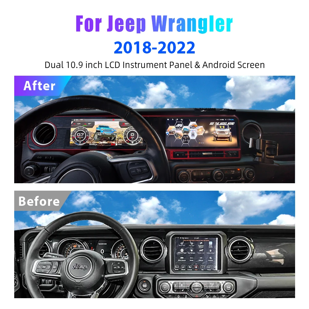 NewNew Dual 10.9'' Screen Android Car Radio DVD Player Digital Instrument Cluster Jeep Wrangler 2018-2022 Speedometer Dashboard