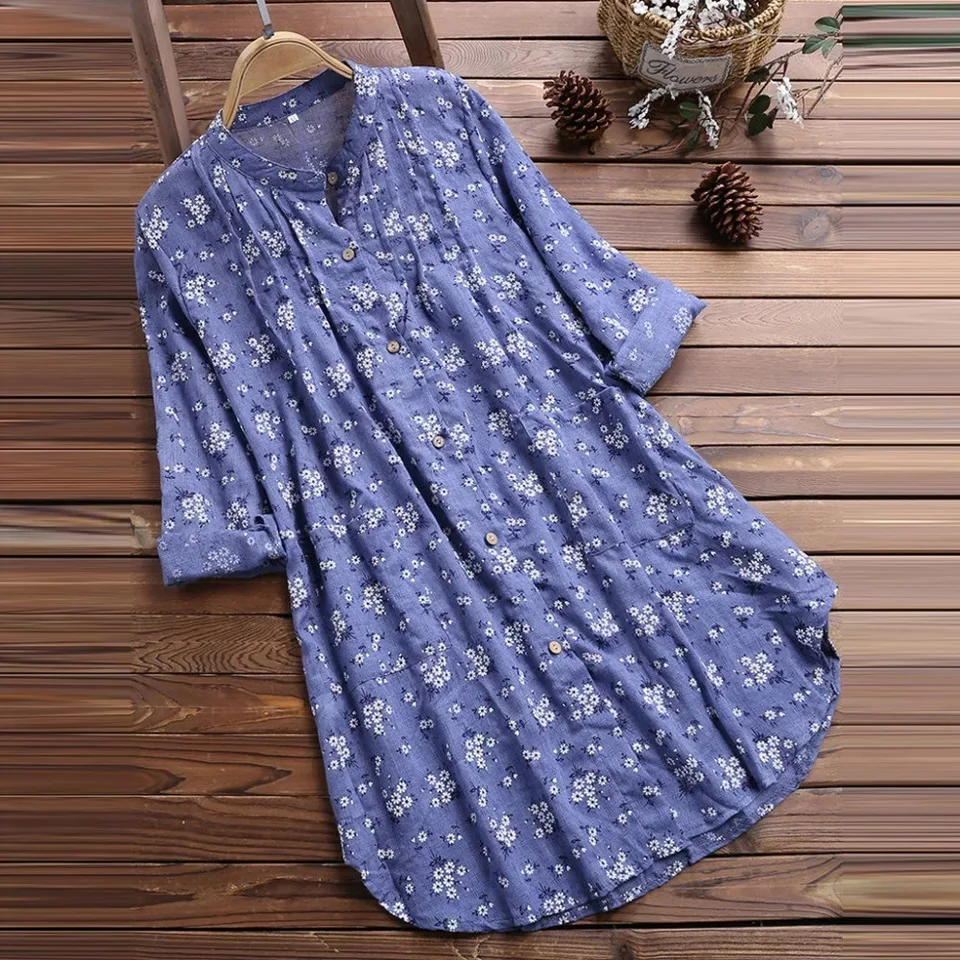 Blusa larga de algodón para mujer de talla grande con estampado Floral irt, Top informal para mujer, ajuste cómodo, botón largo Sve