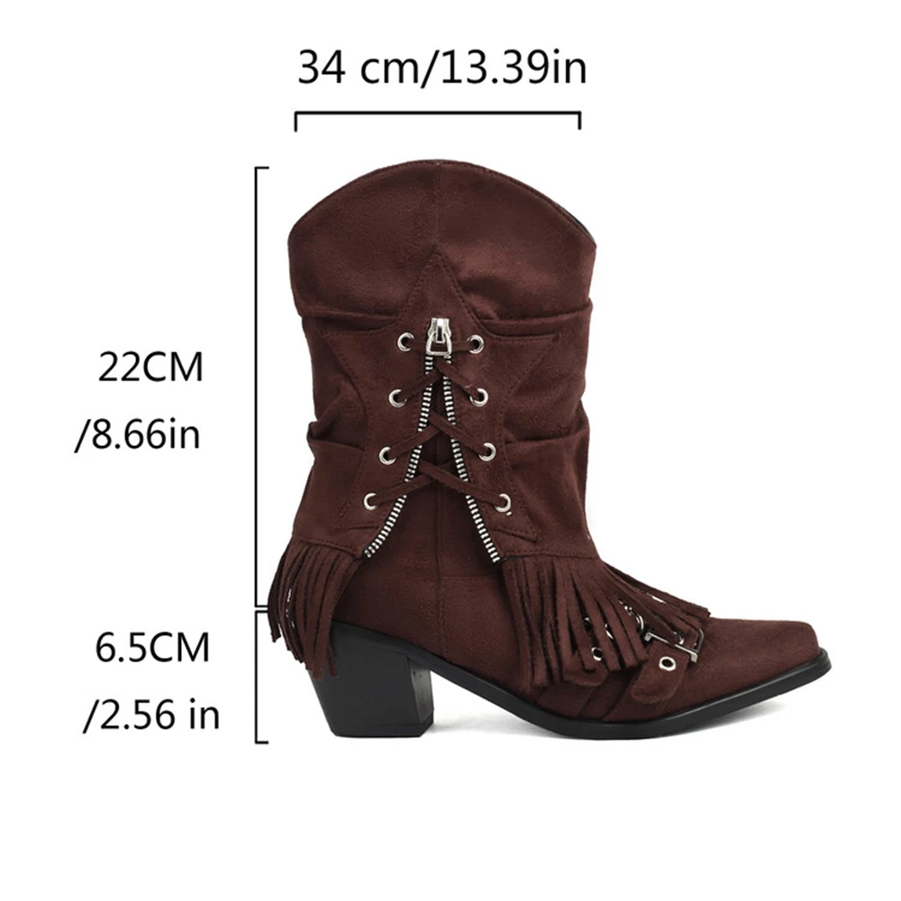 

Women Boots with Thick High Heels Suede Tassel Buckle Strap Simple Fashion Pleats Western Boots Gothic Shoes Super Size 50 Q58