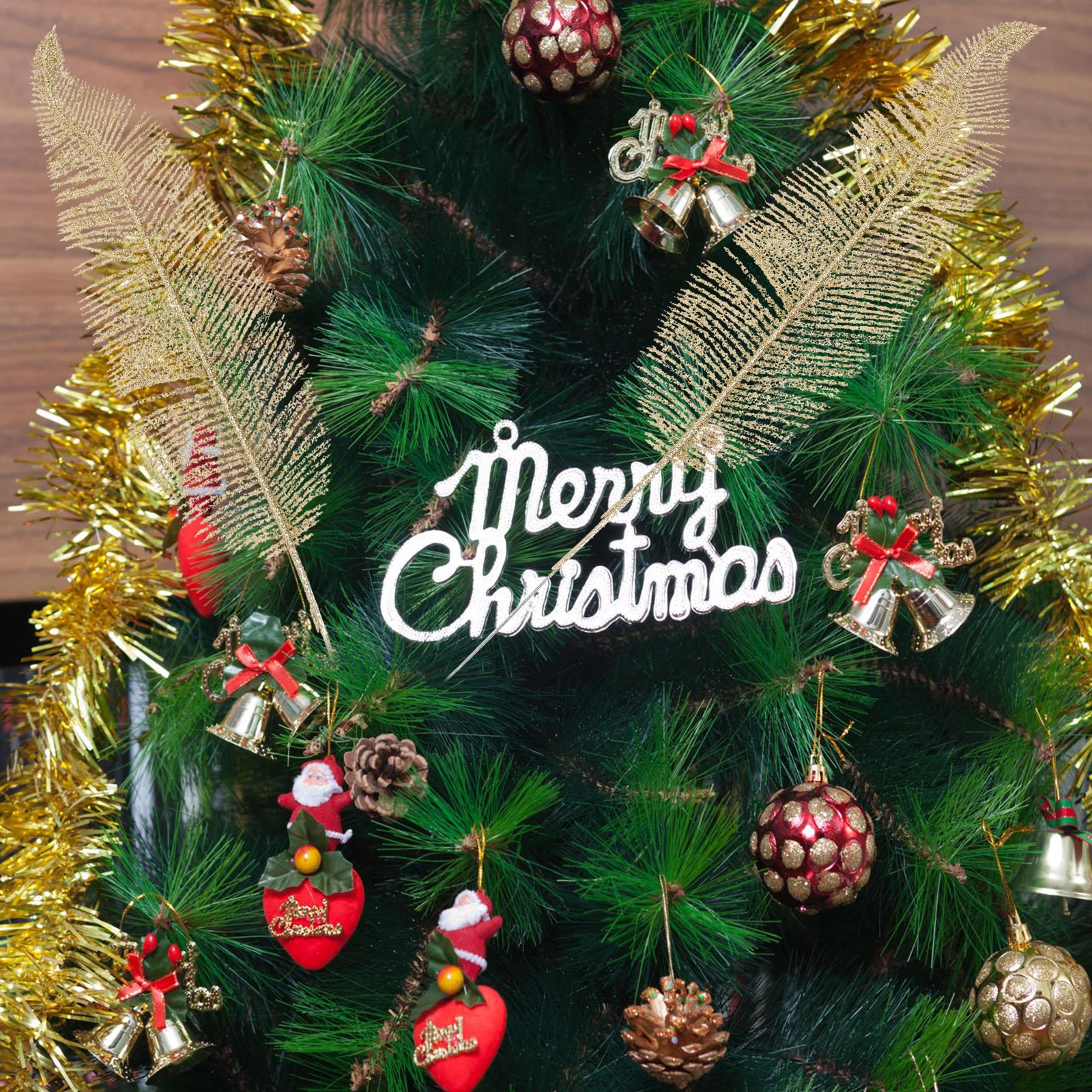 

5 Pcs Christmas Tree Artificial Leaves Glitter Plastic Props Golden Color Festive Holiday naments Xmas Party Wedding Valentine