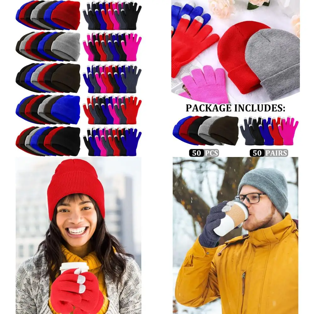 

Winter Beanies and Touchscreen Gloves, 100 Pack Bulk, Unisex Warm Hats and Gloves for Men and Women, Ideal Gift for Homeless, Wi