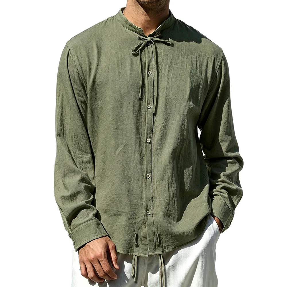 Men's Vintage Pirate Shirts Lace-up Vintage Viking Gohtic Style Cotton Linen-like Stand Collar Lightweight Long Sleeve Tops