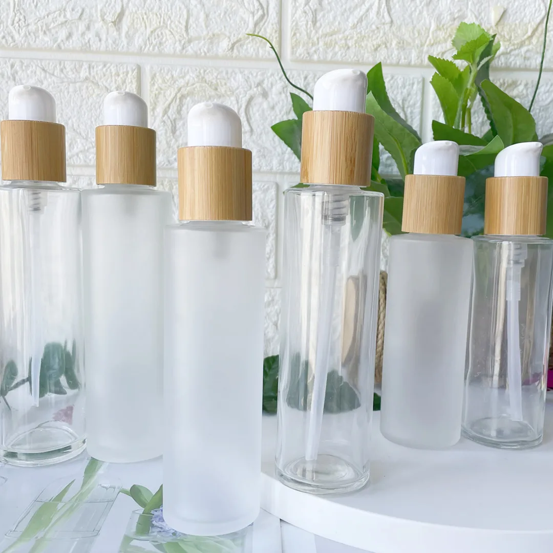 Wholesale 100/120/150ml Round Glass Lotion Pump Cosmetic Liquid Bottle Essential Oils Emulsion Essence Dispenser Travel Bottles