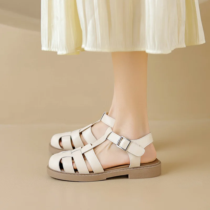 Chunky heel sandals female summer Korean woven Roman sandals retro bun head after empty pig cage shoes