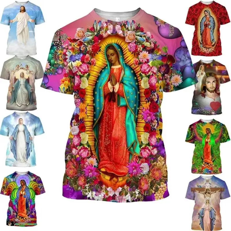 Virgin Mary Jesus God Graphic T Shirts for Men 3D Buddhism Goddess of Mercy Print Tee Shirt Mother Mary Short Sleeved Kids Tops