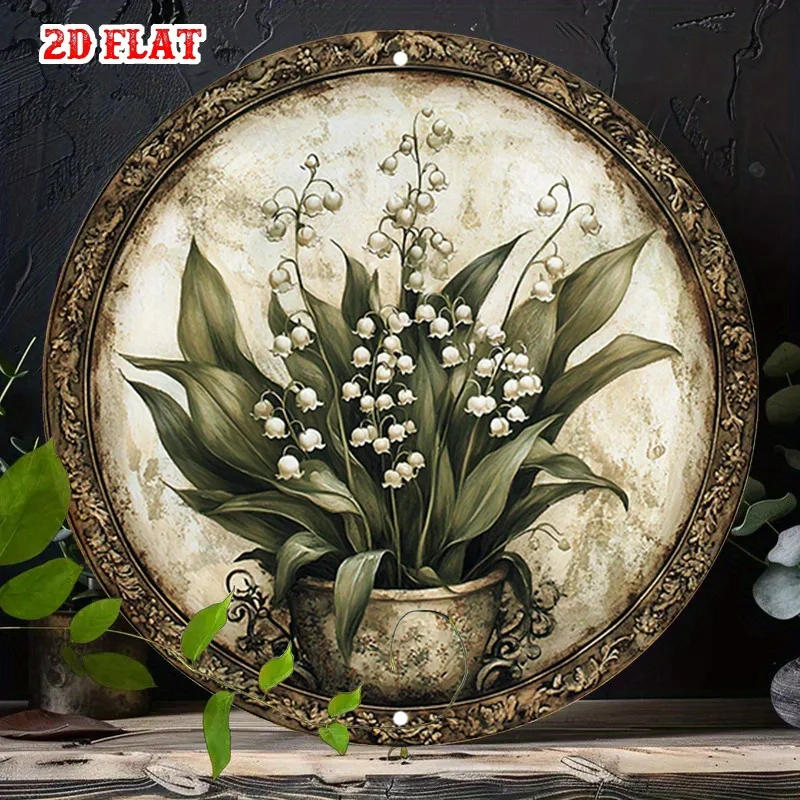 Style Round Wall Art Made of Metal, Showcasing Lily of The Valley in A Pot, Perfect for Adding for Charm To A Beachside Backyard