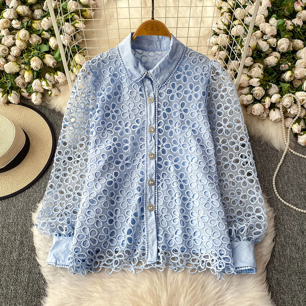 French Style Hollow-out Lace Shirt Women's Lapel Collar Single-breasted Long Sleeve Female Spring Autumn Loose Fit Shirt Tops