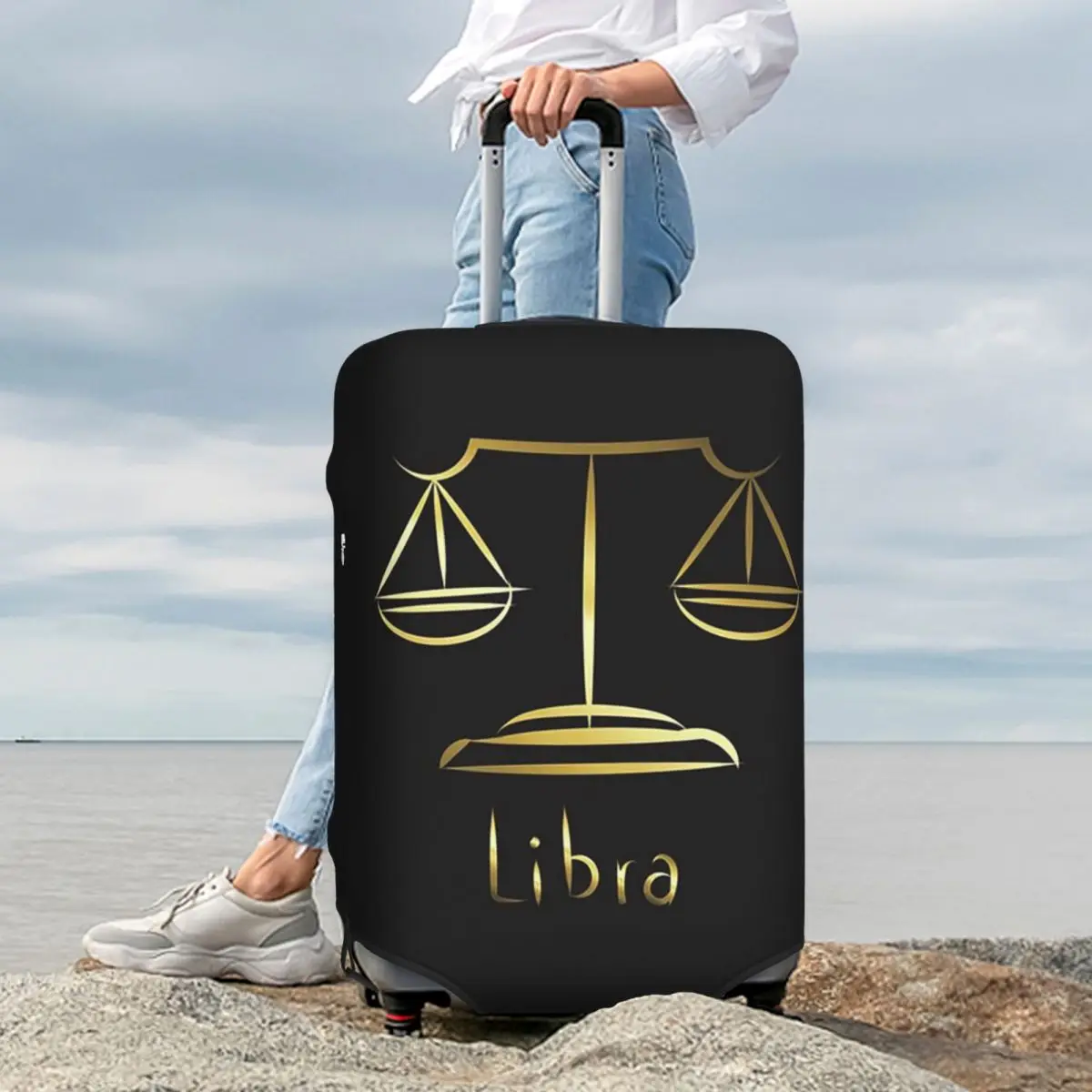 

Gold Scales Of Justice Law Logo Lawyer Legal Party Suitcase Cover Protection Elastic Trip Luggage Protector Covers for 18-32Inch