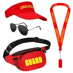 4PCS LifeGuard Costume Accessories Lifeguard Hat Fanny Pack Whistle Sunglasses for Adult Beach Poor Halloween Cosplay Party