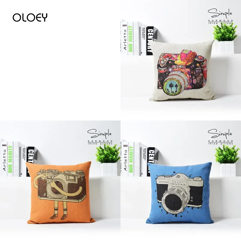 Creative Camera Pattern Square Linen Pillowcase, Size 45x45cm, Home Bedroom Office Decoration, Hotel Car Decorative Pillowcase .