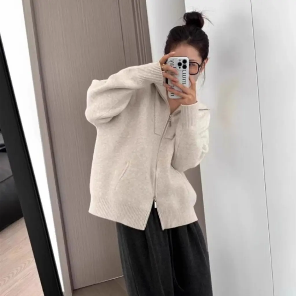 

Женский вязаный кардиган в японском стиле с ленивыми лацканами и двойной молнией, свитер с длинными рукавами, утолщенный свободный топ на осень-зиму