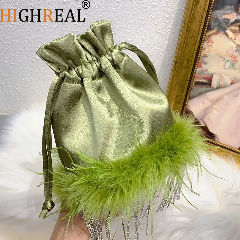 

Candy Color Feather Drawstring Bags for Women Rhinestone Tassel Crossbody Bag Satin Fur Shoulder Bag Silk Evening Bags Handbags