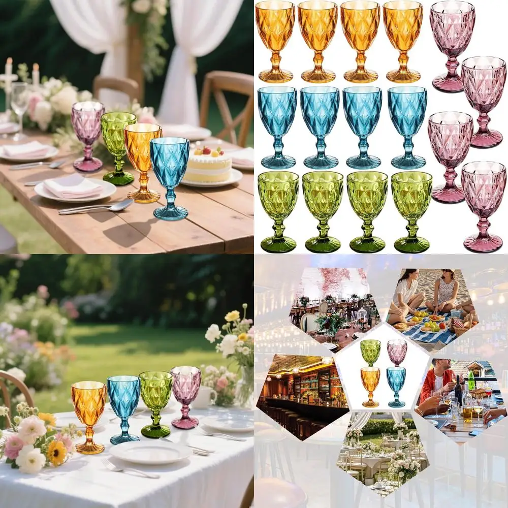 

Set of 16 Reusable 12oz Colored Stemmed Wine Glasses with Embossed Pattern for Weddings and Parties