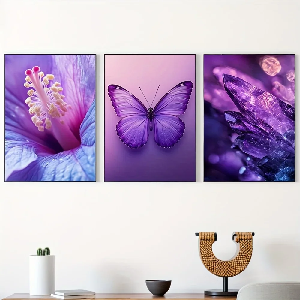 2D Flat 3pcs frameless , , Set of 3  Posters by MJGRAPHICS Featuring a Purple Harmony Theme, Including Images of Butterflies A