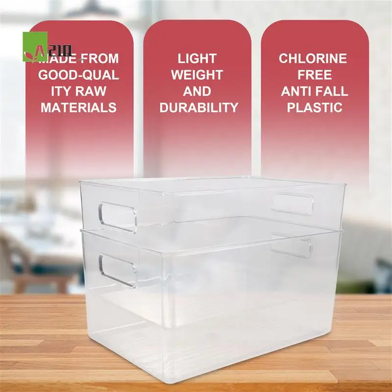 

A21Q -2Pcs Plastic Kitchen Pantry Cabinet,Refrigerator Or Freezer Food Or Book Storage Bins With Handles-Organizer For Snacks