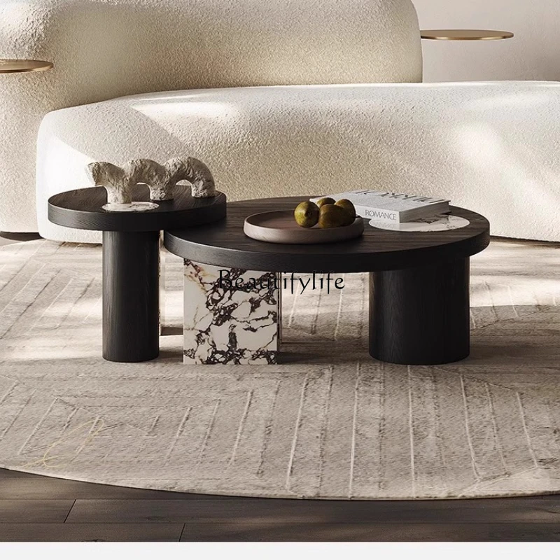 

Italian minimalist small apartment living room coffee table modern simple rock slab high and low combination round