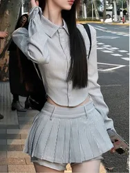 American college style striped long sleeved shirt top womens 2024 Spring and Autumn Spicy Girl high waisted pleated skirt PCMS