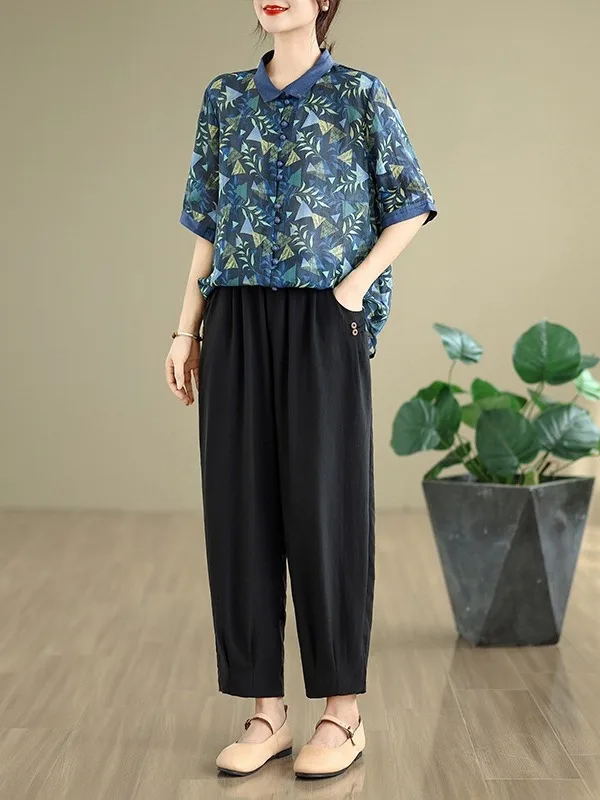 Faionable Slimming Cotton Linen Set Svel Printed irt Elastic Waist Eighteen Harlan Pants Casual Two-piece Set Women