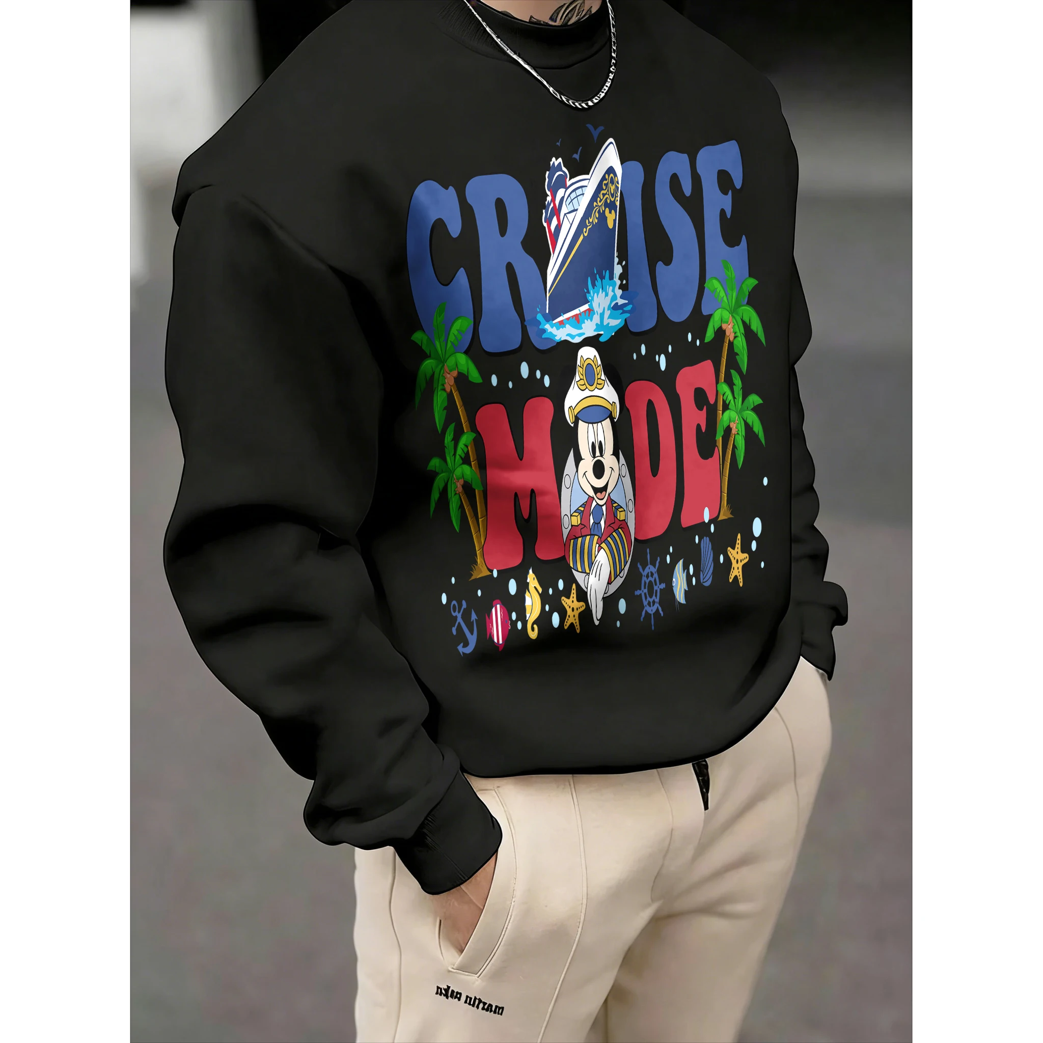 

Мужской свитшот с круглым вырезом и принтом Микки, осень-зима 2026, модный, на флисе, теплый, свободный, повседневный