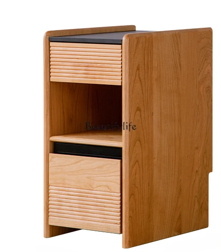 

Cherrywood Bedside Storage Cabinet with Light Solid Wood Stone Plate Small Extremely Narrow Bedside Cabinet