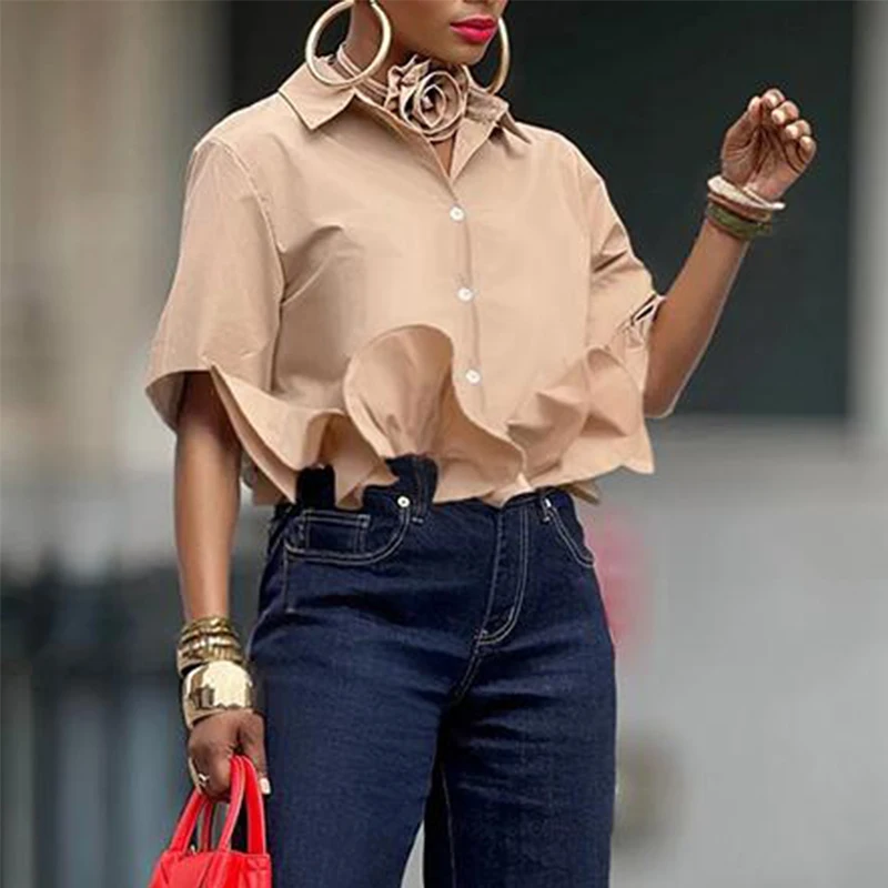 

Modigirl 2025 Cotton Ruffled Shirts for Women Summer Fall Lapel Short Sleeve Blouse Simple Button Woman Business Casual Tops