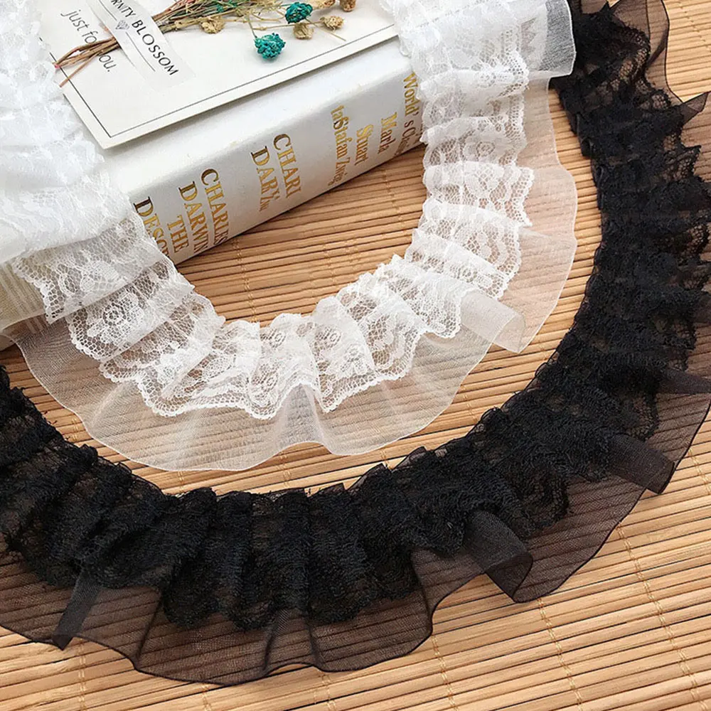 1.96 X 39.3 in White Black Double Layers Ruffled Chiffon Lace Trim Fabric Sewing Crafts Wedding Bridal Dress Party Clothes Decor