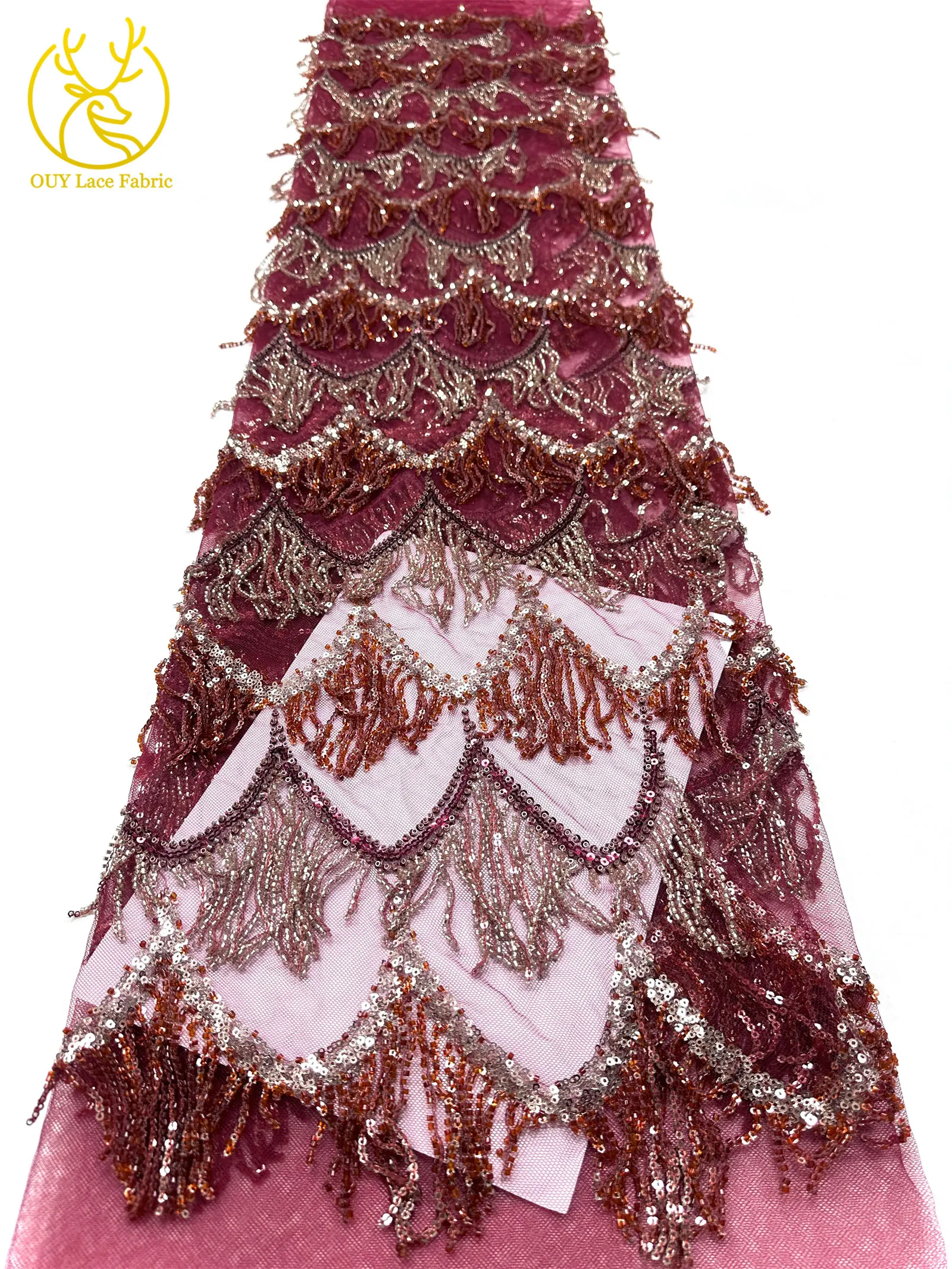 Hochwertiger nigerianischer 3D-Hängeperlen-Spitzenstoff, 5 Yards, hochwertiger französischer afrikanischer Pailletten-Spitzenstoff für Mädchen-Abendpartys – Detail 35