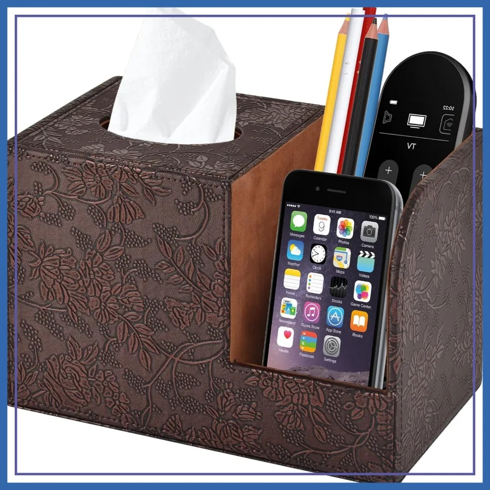 

PU Leather Tissue Box Cover Square Tissue Holder with 2 Compartment, Remote Control Holder, Multifunctional Decorative Storage Box for Home Office Desk
