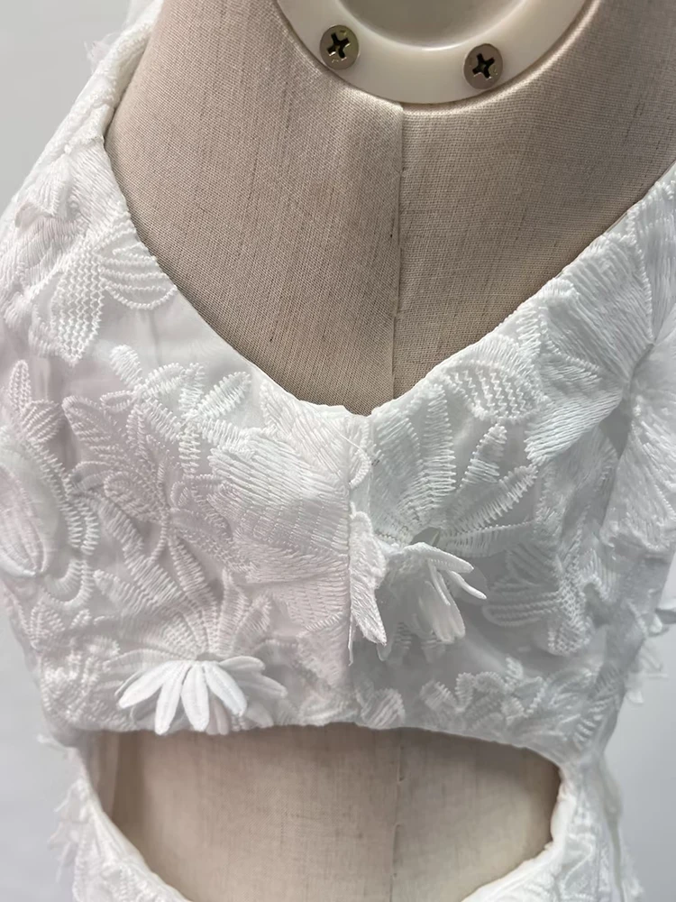 CHICEVER blanc Patchwork Appliques robes de bal pour les femmes licou sans manches taille haute creux élégant robe asymétrique femme