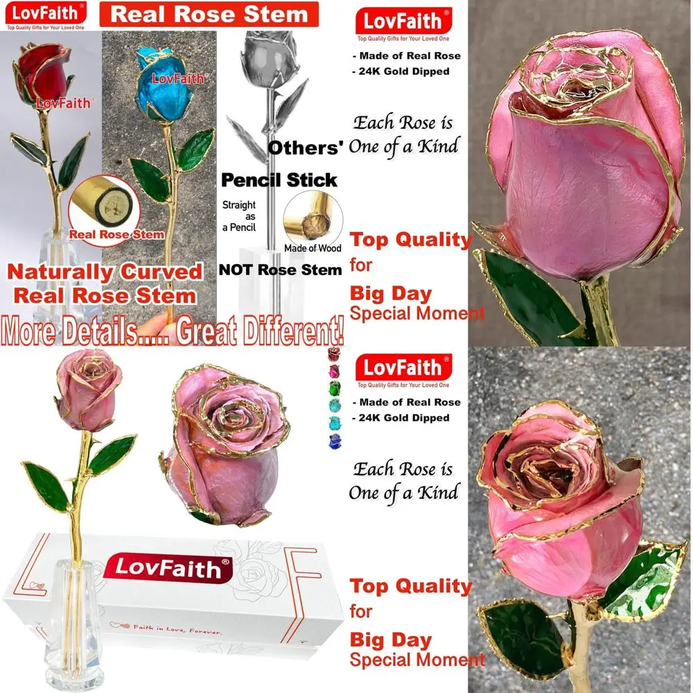 Rosa Bañada en Oro Real de 24K con Base de Cristal, Perfecta para Aniversario, Día de la Madre o Regalo de Cumpleaños (A5, Rosa)