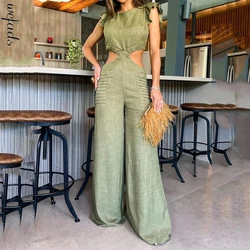 Wefads Women Jumpsuit Fashion Solid O Neck Ruffled Ruffles Sleeve Hollow Out Bare Waist Wide Legs Loose Long Pants Jumpsuit