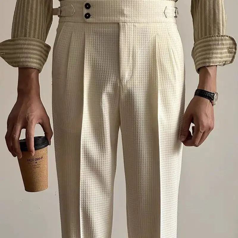 

Casual Slim Fit Chinos Paris Button Double Pleat Long Pants Youth Faion Polyester No Brand Registered Trademark Spring 2024