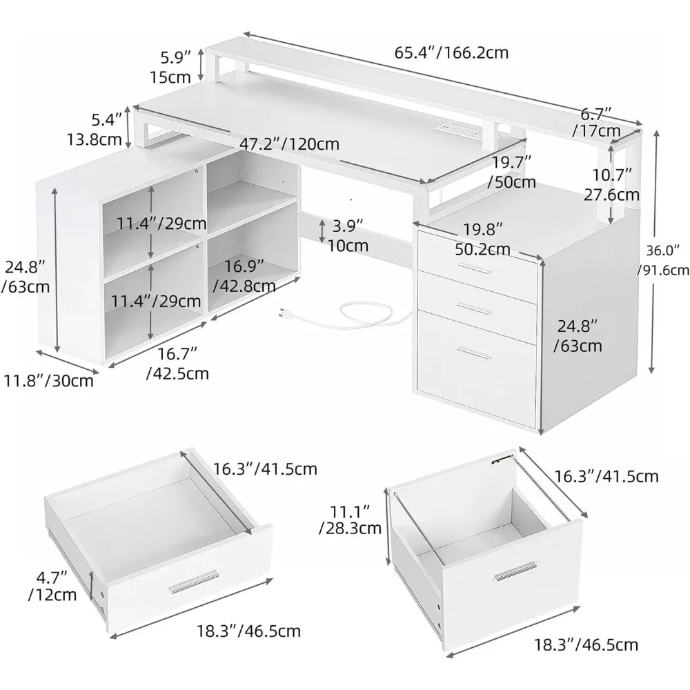 65 Inches Computer Desk File Cabinet Power Outlets Monitor LED Lights Shelf Writing Shelves Drawer Office Study，Computer Desk