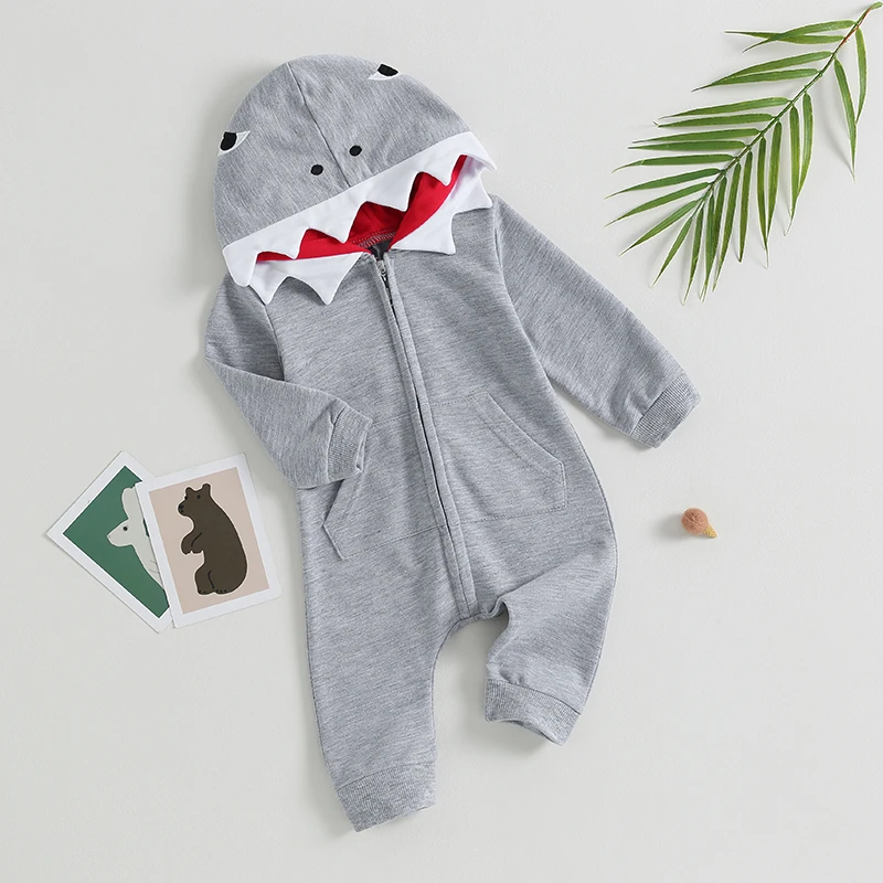 Newborn Infant Baby Boy Cartoon Shark Zip Up Long Sleeve Hooded Romper Jumpsuit  Bodysuit Costume Outfit