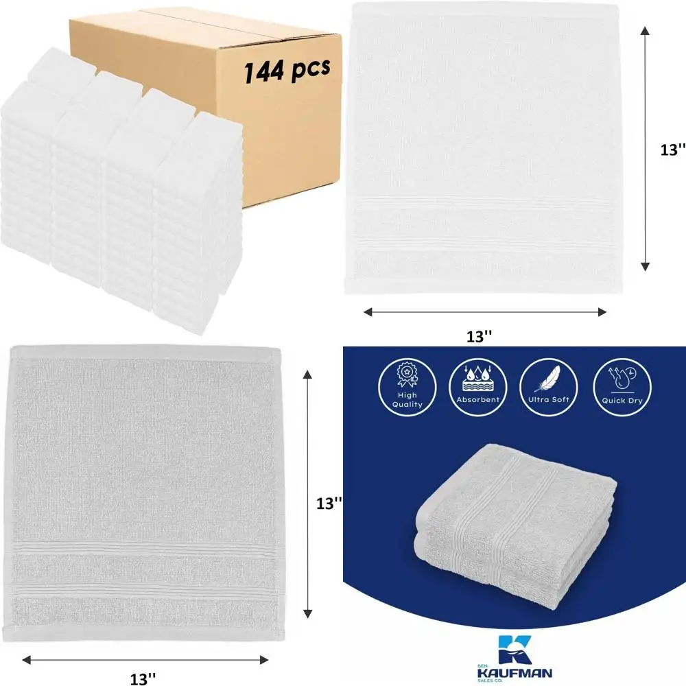 

Highly Absorbent Cotton Washcloths Set, 144 Pieces, 13x13 Inches, Premium Ring Spun, Ultra Soft and Durable for Everyday Use