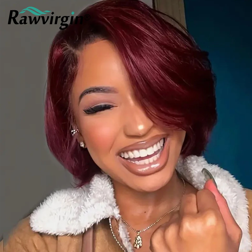 

Short Bob Wigs Human Hair Full Machine Made Wigs 1b 99j Short Bob Wigs For Women 150% Density Burgundy Red Ombre Pixie Cut