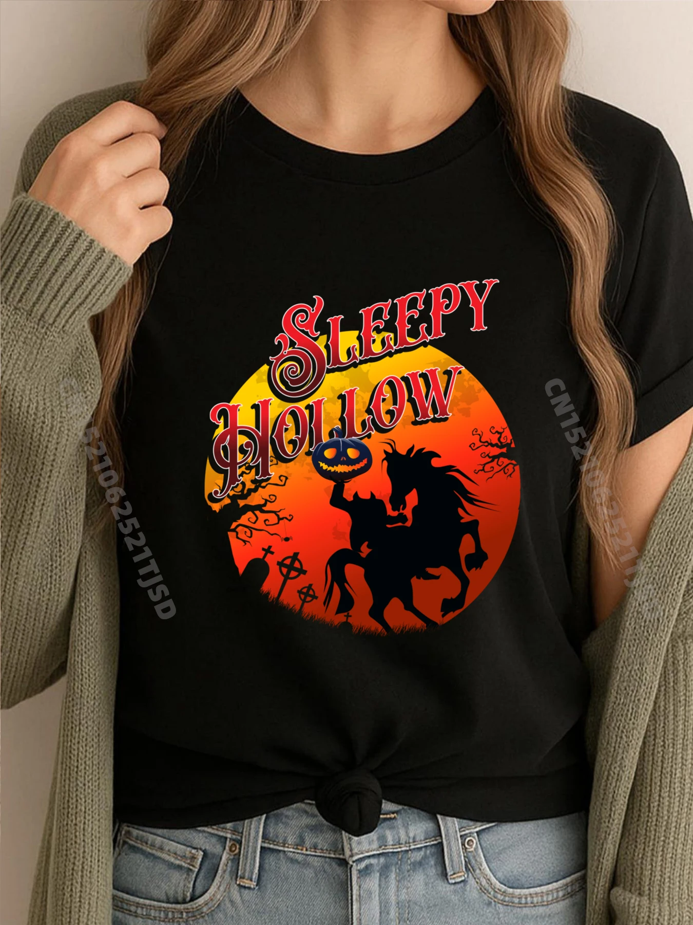 

Легенда о безголовых лошадей на Хэллоуин или сонных полых черных футболок с рисунком МЯГКАЯ одежда Слоган