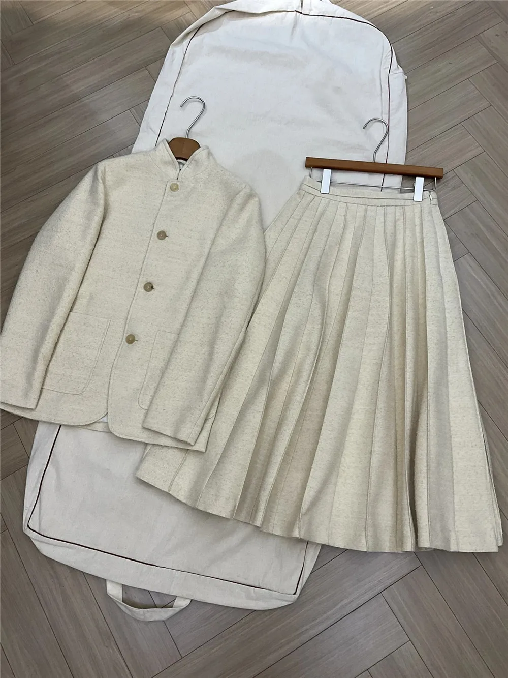 Luxurious Wool Linen Silk Blended Stand Collar Jacket Coat +High Waist Pleated Skirt Woman 2-Piece Set