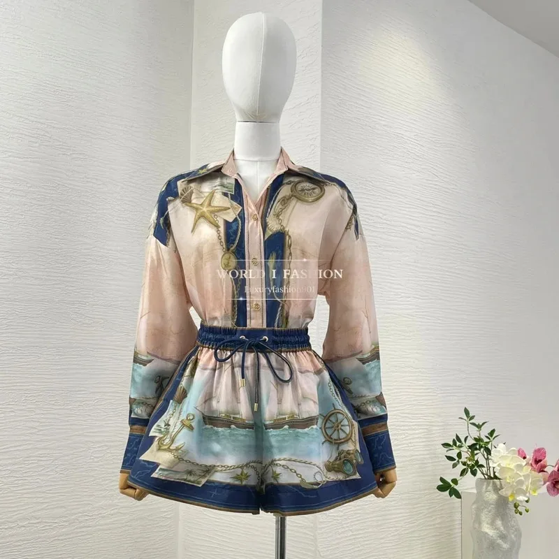 

Pink Blue Scenery Print Long Sleeve Blouse Tops and Shorts Set 2025 New Design Women Outfit