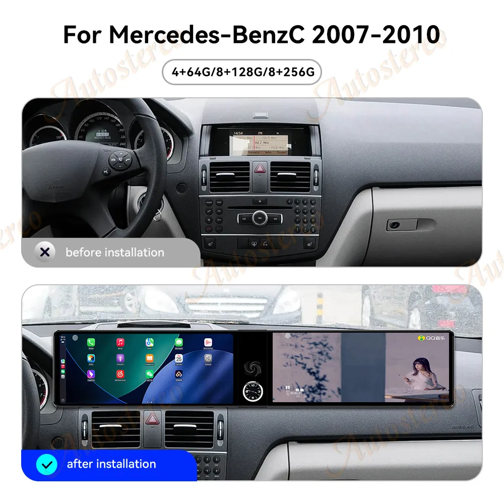 

Dual Screen 12.3 inch Carplay Android 14 Car GPS Navigation For Benz C W204 2007-2010 Head Unit Multimedia Player Car Radio