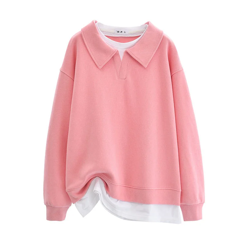 Damskie bluzy plus size, moletom, sztruksowe, z temperamentem, łączone, luźne, z podszewką, w stylu koreańskim, z okrągłym dekoltem, dla dorosłych kobiet.