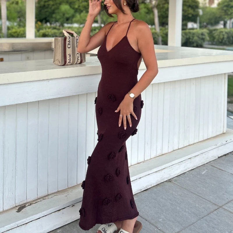 Rückenfreies Kleid mit Blumendekoration und elegantem Design, perfekt für Strandurlaub, Poolparty, modische Vertuschung